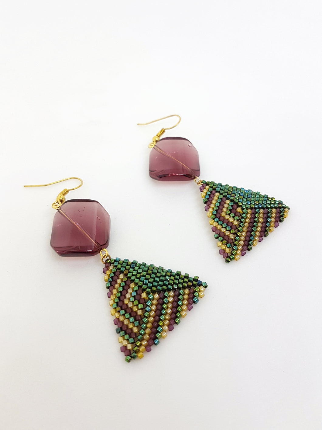 Triangle Earrings in Mauve, Green and Gold