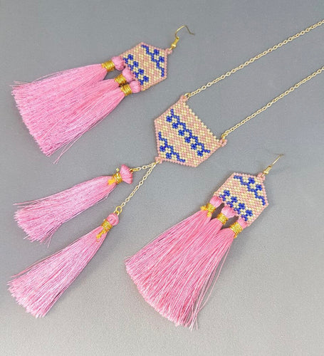 Gaudi Pink and Blue Stylized Set of Earrings and Necklace