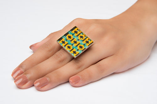 Mint, Yellow and Black  'Flower Fields' Square Ring